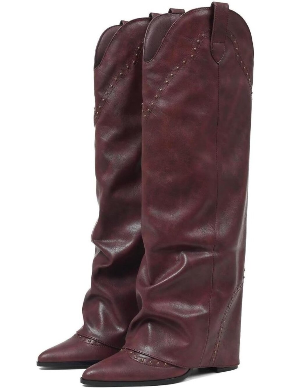 Women's Shark Studded Fold Over Knee Burgundy High Boots Pull On Cowgirl Boot